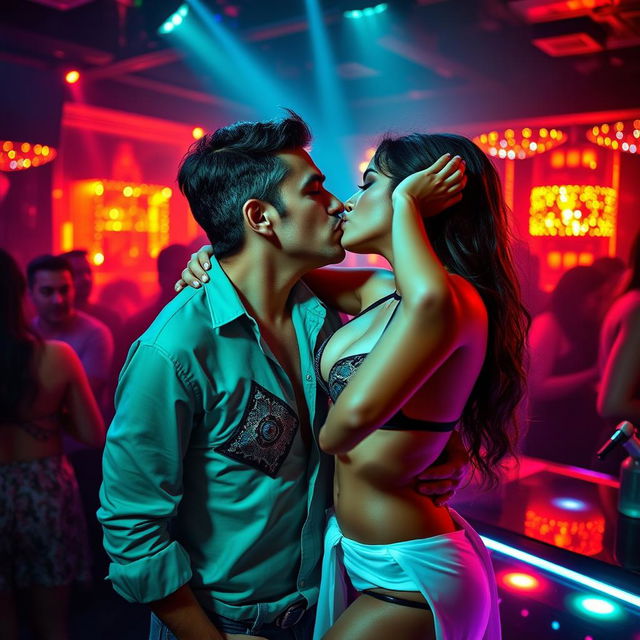 An upscale nightclub scene featuring a sensual woman resembling Shraddha Kapoor, wearing a stylish halter neck bikini top that highlights her cleavage