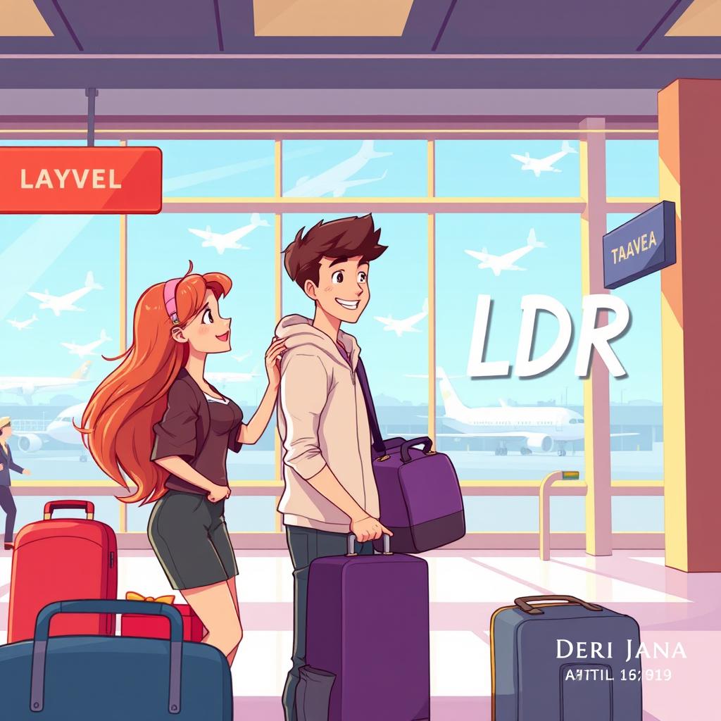 A vibrant and eye-catching cartoon animation style depiction of a romantic scene at an airport