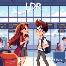 A vibrant and eye-catching cartoon animation style depiction of a romantic scene at an airport