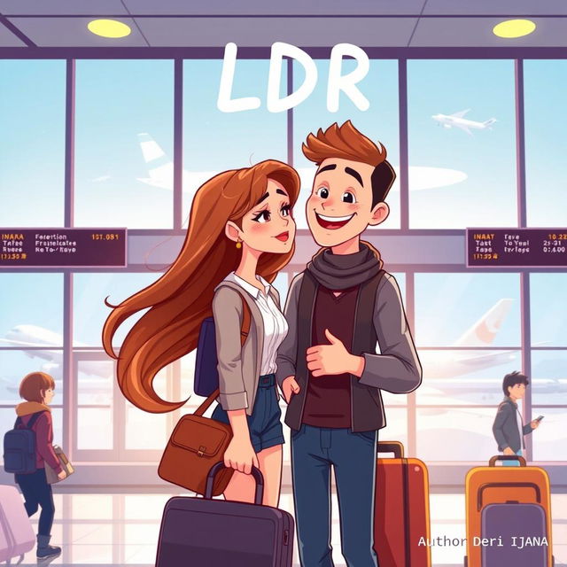 A vibrant and eye-catching cartoon animation style depiction of a romantic scene at an airport