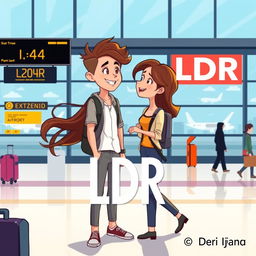 A vibrant and eye-catching cartoon animation style depiction of a romantic scene at an airport
