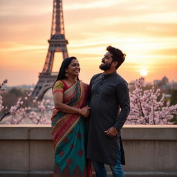 An Indian couple enjoying a romantic moment in Paris, standing together in front of the Eiffel Tower during sunset