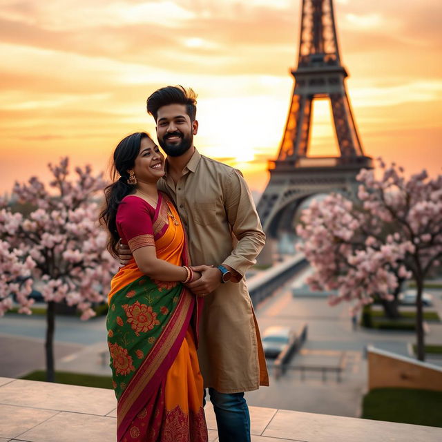 An Indian couple enjoying a romantic moment in Paris, standing together in front of the Eiffel Tower during sunset