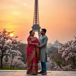 An Indian couple enjoying a romantic moment in Paris, standing together in front of the Eiffel Tower during sunset