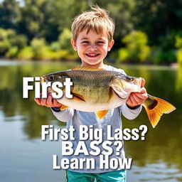 A vibrant vertical thumbnail featuring a young fisherman standing on the shore, proudly holding a large bass fish with both hands, exuding pure joy and excitement after the catch