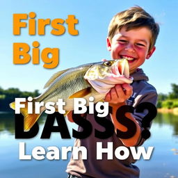 A vibrant vertical thumbnail featuring a young fisherman standing on the shore, proudly holding a large bass fish with both hands, exuding pure joy and excitement after the catch