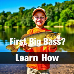 A vibrant vertical thumbnail featuring a young fisherman standing on the shore, proudly holding a large bass fish with both hands, exuding pure joy and excitement after the catch