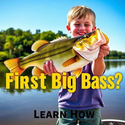 A vibrant vertical thumbnail featuring a young fisherman standing on the shore, proudly holding a large bass fish with both hands, exuding pure joy and excitement after the catch