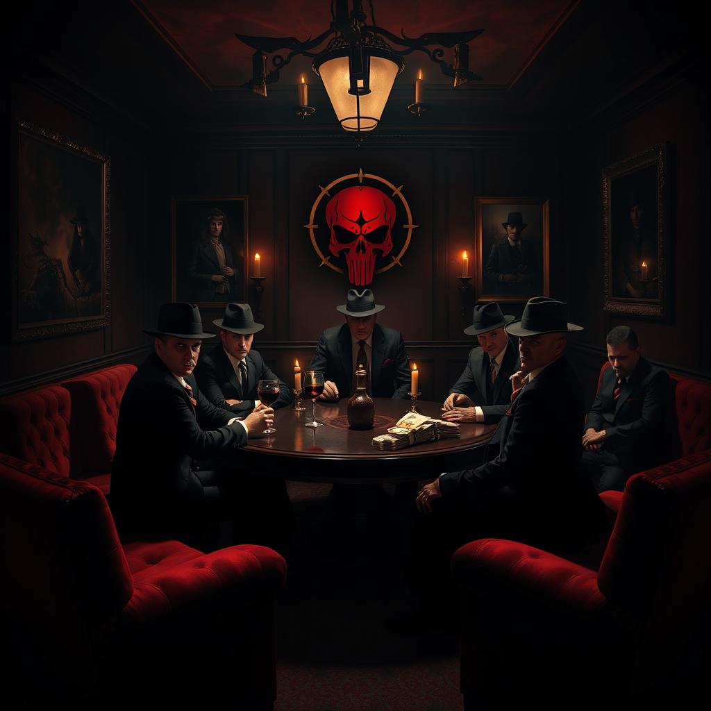 A dark, atmospheric scene depicting 'The Crimson Cartel,' a notorious mafia group