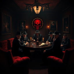 A dark, atmospheric scene depicting 'The Crimson Cartel,' a notorious mafia group