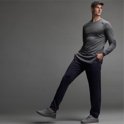 Casual, long sports attire for an adult male, featuring comfort-fit sports trousers, a lightweight long-sleeved top, and a pair of casual sports shoes.