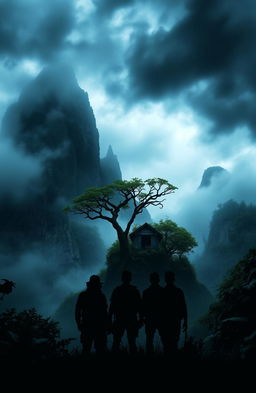 A mysterious island shrouded in misty waters and enveloped by an ominous atmosphere, featuring towering cliffs and a dense jungle