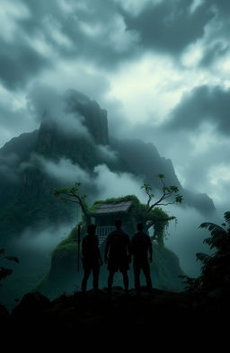 A mysterious island shrouded in misty waters and enveloped by an ominous atmosphere, featuring towering cliffs and a dense jungle