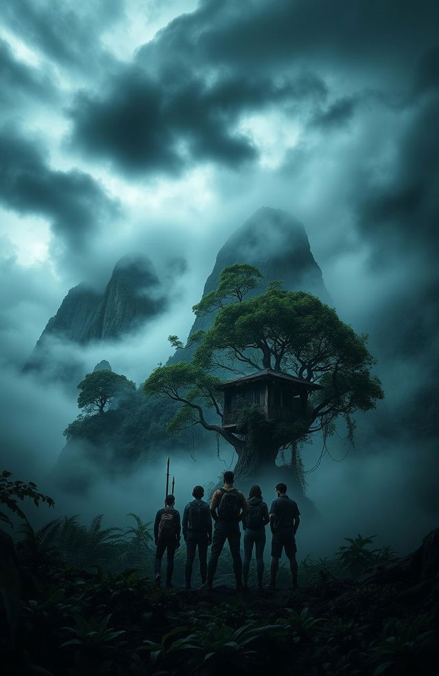 A mysterious island shrouded in misty waters and enveloped by an ominous atmosphere, featuring towering cliffs and a dense jungle