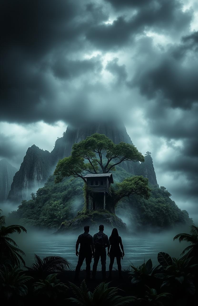 A mysterious island shrouded in misty waters and enveloped by an ominous atmosphere, featuring towering cliffs and a dense jungle