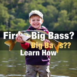 A vibrant vertical thumbnail that showcases a young fisherman standing on the shore, proudly holding a large bass fish with both hands, radiating pure joy and excitement after the catch