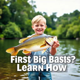 A vibrant vertical thumbnail that showcases a young fisherman standing on the shore, proudly holding a large bass fish with both hands, radiating pure joy and excitement after the catch