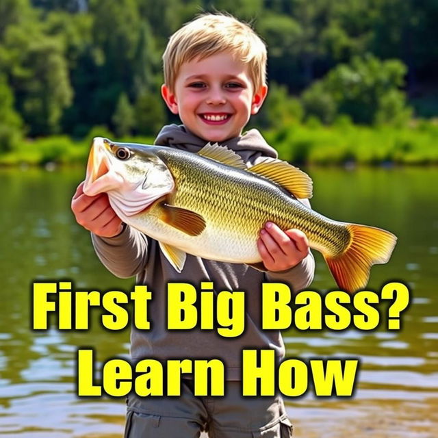 A vibrant vertical thumbnail that showcases a young fisherman standing on the shore, proudly holding a large bass fish with both hands, radiating pure joy and excitement after the catch