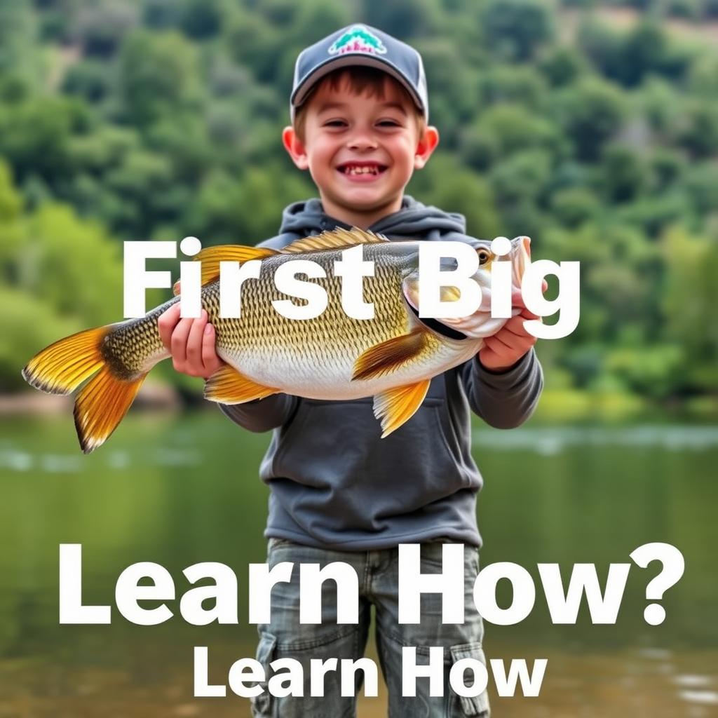 A vibrant vertical thumbnail that showcases a young fisherman standing on the shore, proudly holding a large bass fish with both hands, radiating pure joy and excitement after the catch