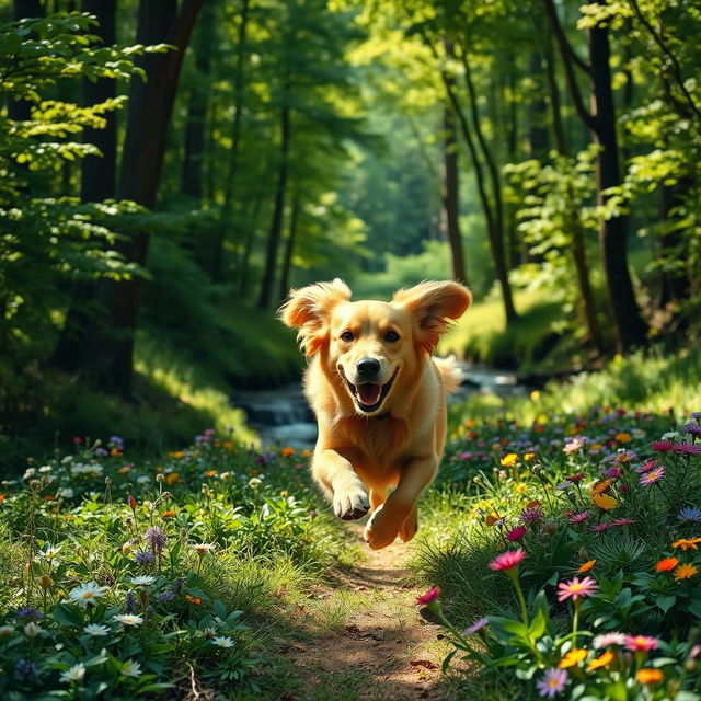 A playful golden retriever dog running through a vibrant forest, surrounded by lush green trees and colorful wildflowers