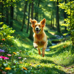 A playful golden retriever dog running through a vibrant forest, surrounded by lush green trees and colorful wildflowers