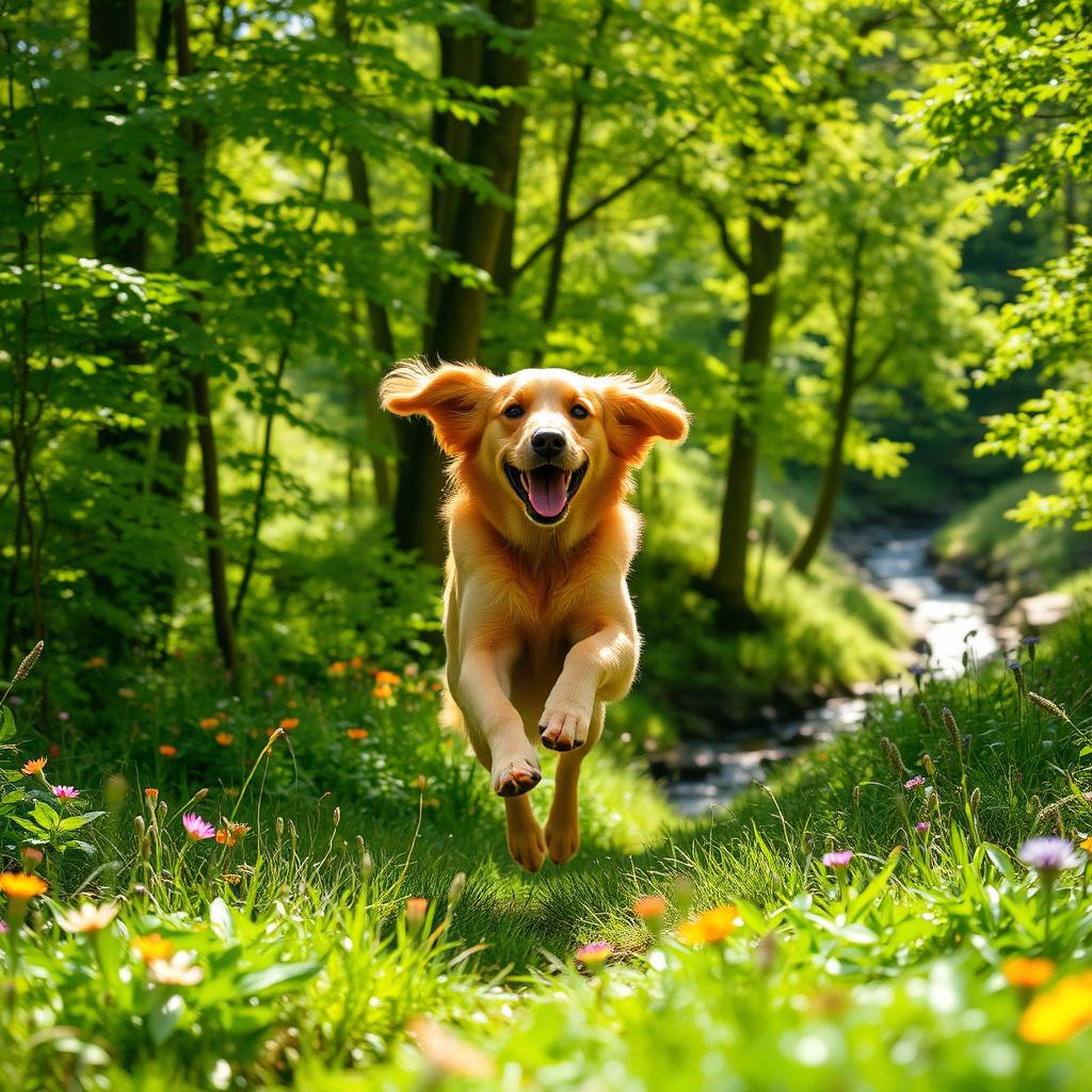 A playful golden retriever dog running through a vibrant forest, surrounded by lush green trees and colorful wildflowers