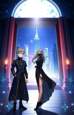 A young male character dressed in a stylish kstaria outfit, standing alongside a female character in an elegant black dress and a matching black mask