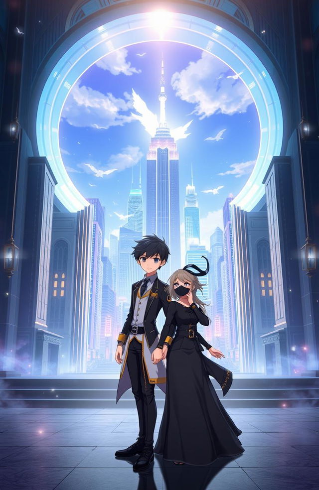 A young male character dressed in a stylish kstaria outfit, standing alongside a female character in an elegant black dress and a matching black mask