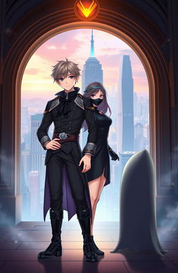 A young male character dressed in a stylish kstaria outfit, standing alongside a female character in an elegant black dress and a matching black mask