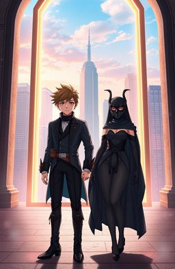 A young male character dressed in a stylish kstaria outfit, standing alongside a female character in an elegant black dress and a matching black mask