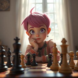 A young girl with short, asymmetrical pink hair sitting at a chessboard, deeply focused on the game