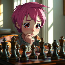 A young girl with short, asymmetrical pink hair sitting at a chessboard, deeply focused on the game