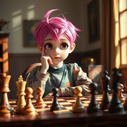 A young girl with short, asymmetrical pink hair sitting at a chessboard, deeply focused on the game