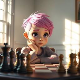A young girl with short, asymmetrical pink hair sitting at a chessboard, deeply focused on the game
