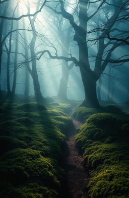 A mysterious and enchanting scene depicting a hidden forest shrouded in mist, where faint silhouettes of ancient trees loom in the background