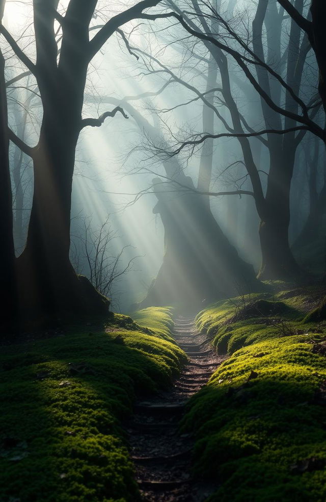 A mysterious and enchanting scene depicting a hidden forest shrouded in mist, where faint silhouettes of ancient trees loom in the background