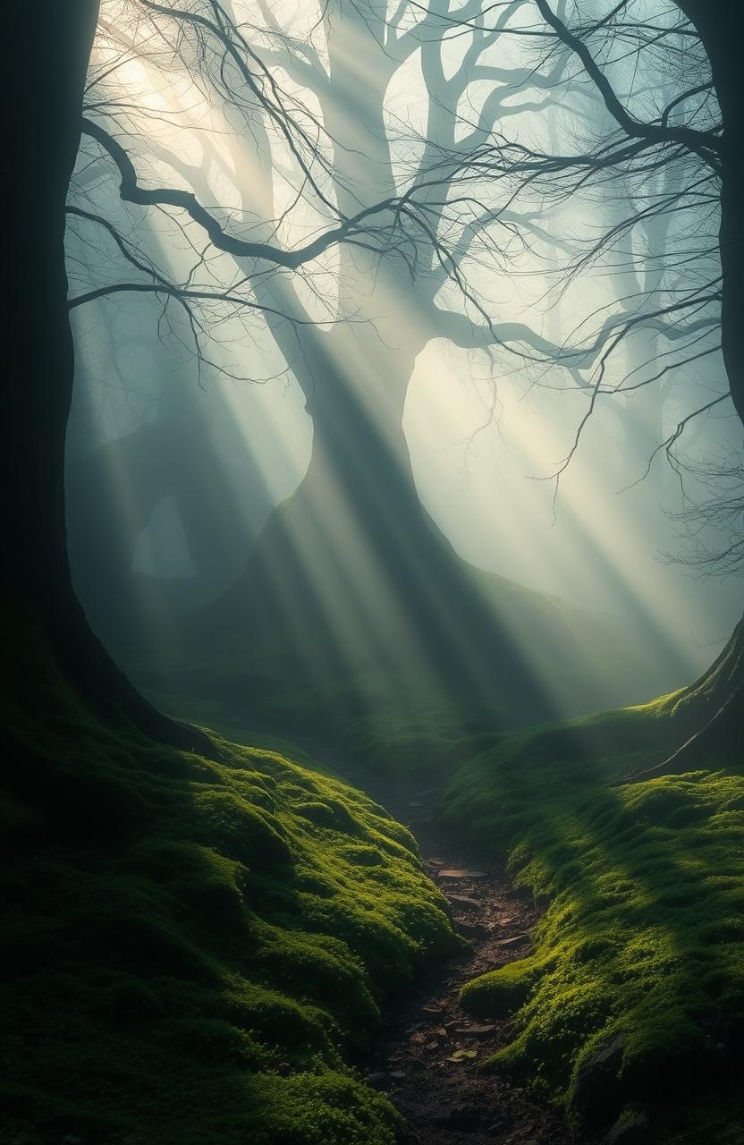 A mysterious and enchanting scene depicting a hidden forest shrouded in mist, where faint silhouettes of ancient trees loom in the background