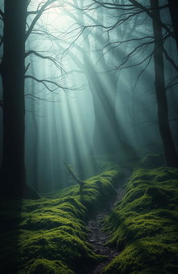 A mysterious and enchanting scene depicting a hidden forest shrouded in mist, where faint silhouettes of ancient trees loom in the background