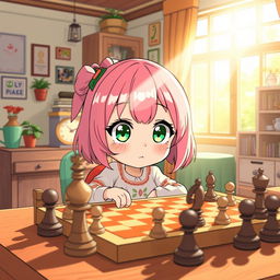 Anya Forger, a cute little girl with pink hair and large green eyes, intently concentrating on a chess game in a cozy room filled with anime-style decor