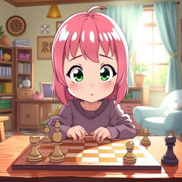 Anya Forger, a cute little girl with pink hair and large green eyes, intently concentrating on a chess game in a cozy room filled with anime-style decor