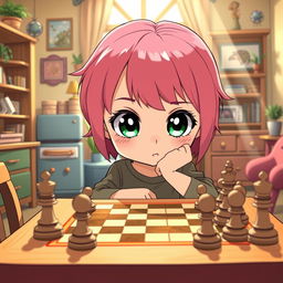 Anya Forger, a cute little girl with pink hair and large green eyes, intently concentrating on a chess game in a cozy room filled with anime-style decor