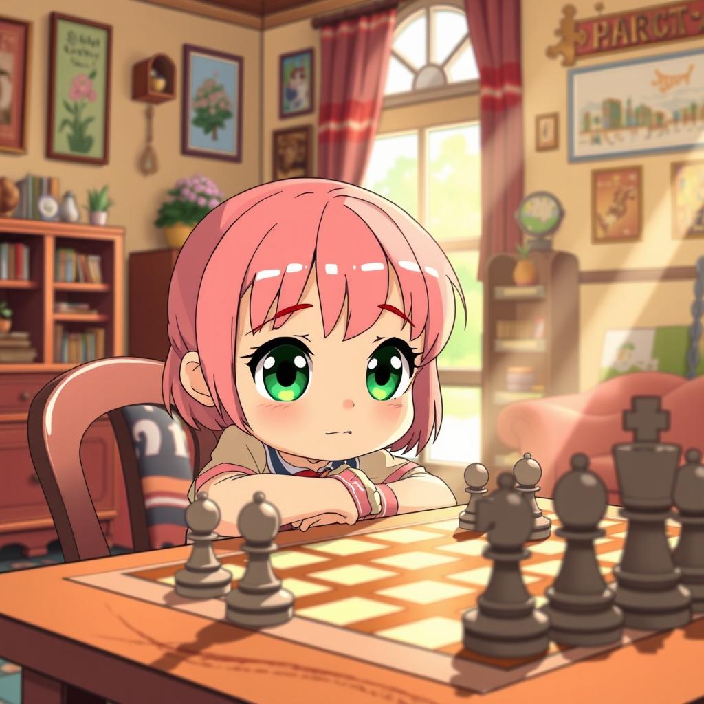 Anya Forger, a cute little girl with pink hair and large green eyes, intently concentrating on a chess game in a cozy room filled with anime-style decor