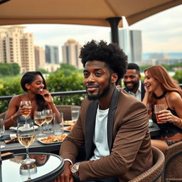 A poignant scene depicting an Afro-American person sitting at a luxurious outdoor patio with wealthy friends, who are Caucasian