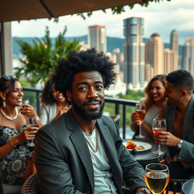 A poignant scene depicting an Afro-American person sitting at a luxurious outdoor patio with wealthy friends, who are Caucasian