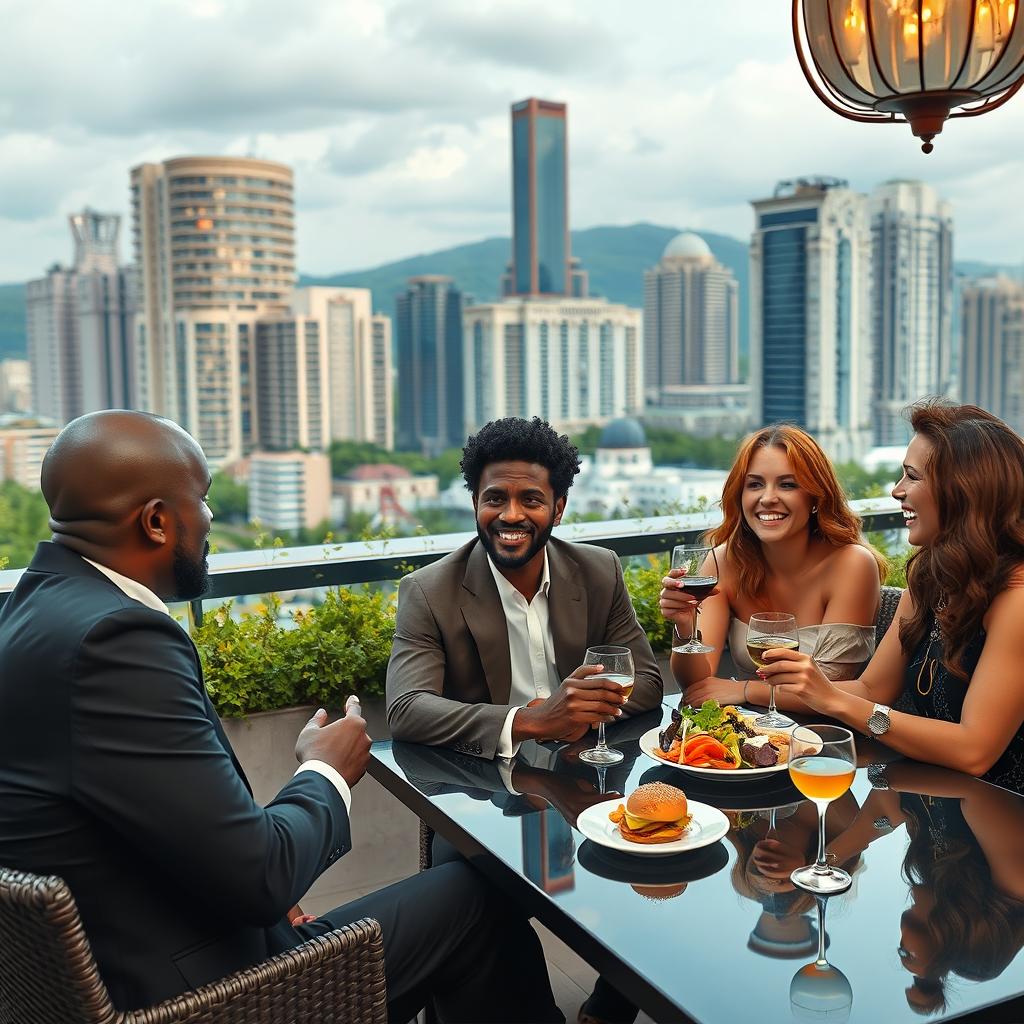 A poignant scene depicting an Afro-American person sitting at a luxurious outdoor patio with wealthy friends, who are Caucasian