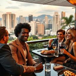A poignant scene depicting an Afro-American person sitting at a luxurious outdoor patio with wealthy friends, who are Caucasian