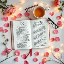 An artistic flat lay composition showcasing '100 Love Tips' in an engaging way