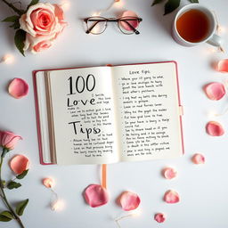 An artistic flat lay composition showcasing '100 Love Tips' in an engaging way