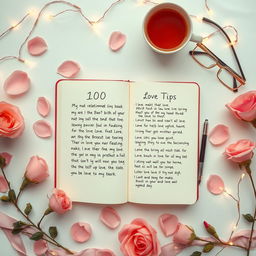 An artistic flat lay composition showcasing '100 Love Tips' in an engaging way