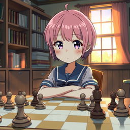 A detailed illustration of a young girl resembling Anya Forger from the anime 'Spy x Family', sitting at a chessboard with a determined expression